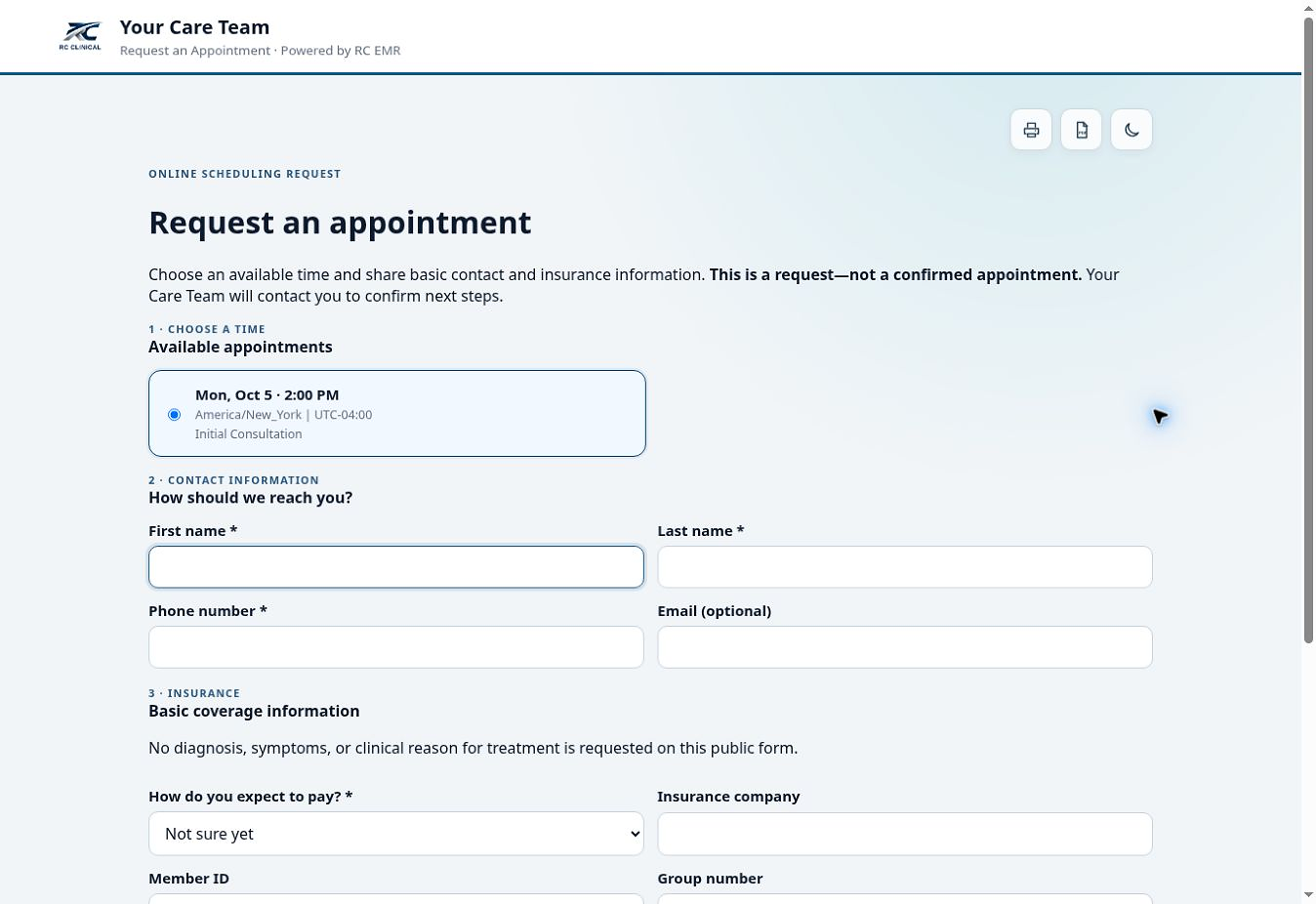 Appointment request in RC EMR