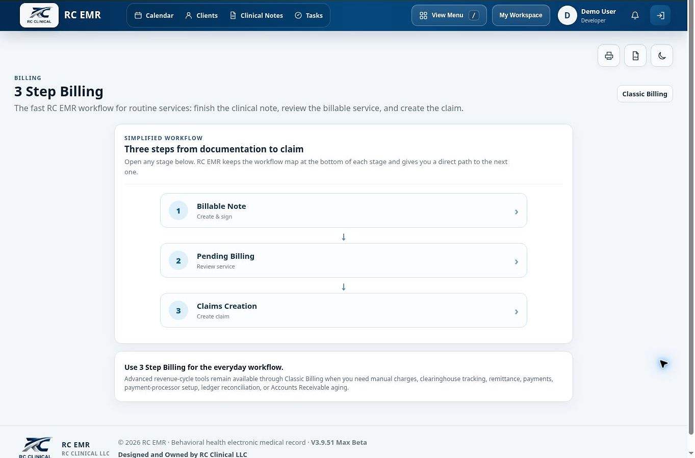 Three-step billing overview in RC EMR