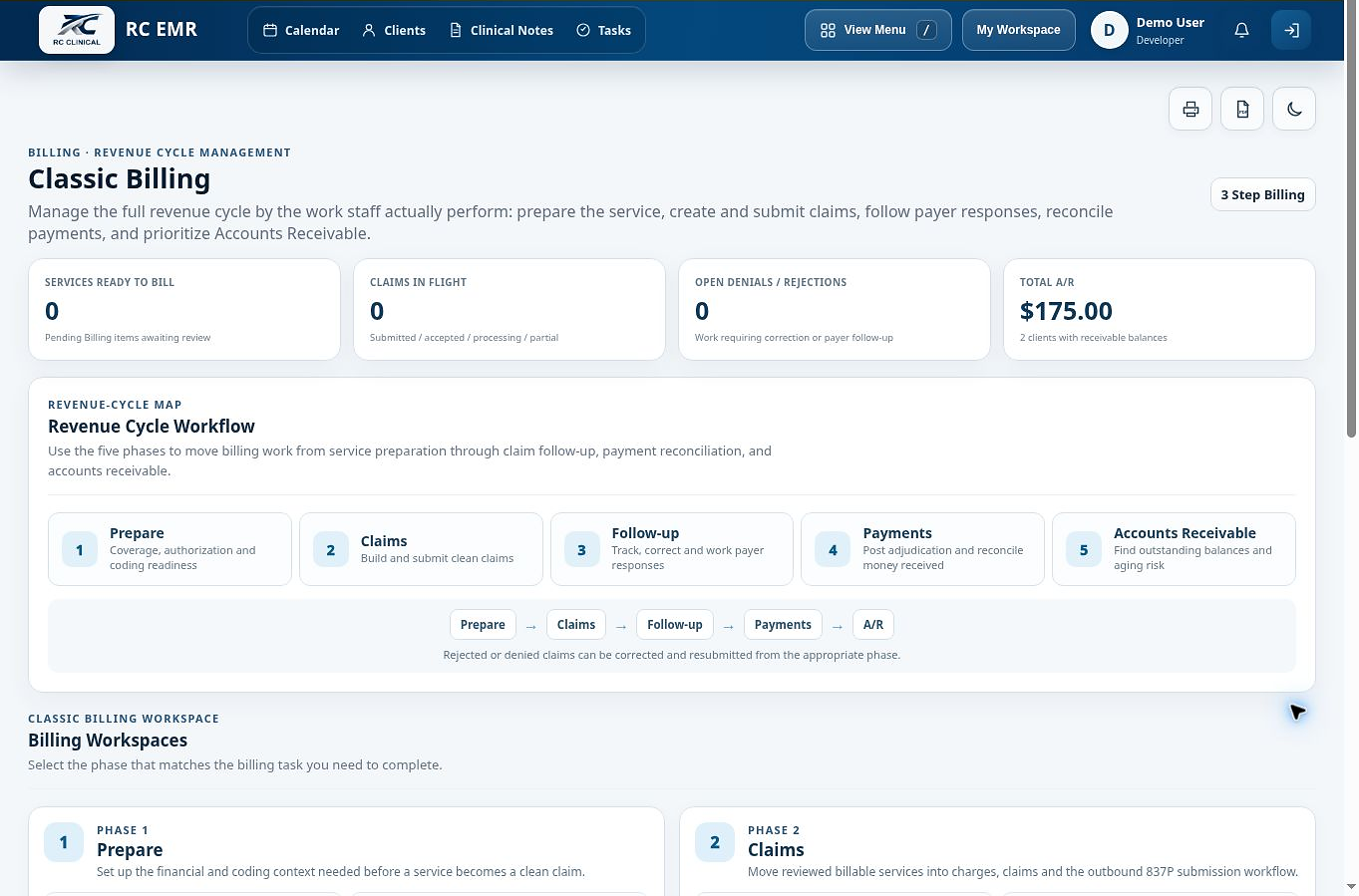 Full billing workspace in RC EMR