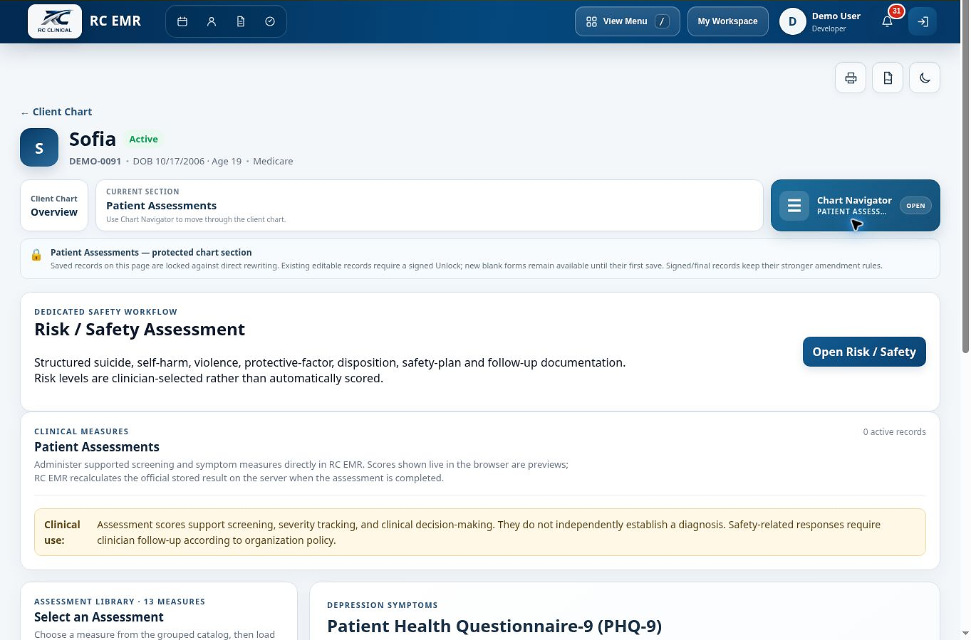 Client assessments in RC EMR