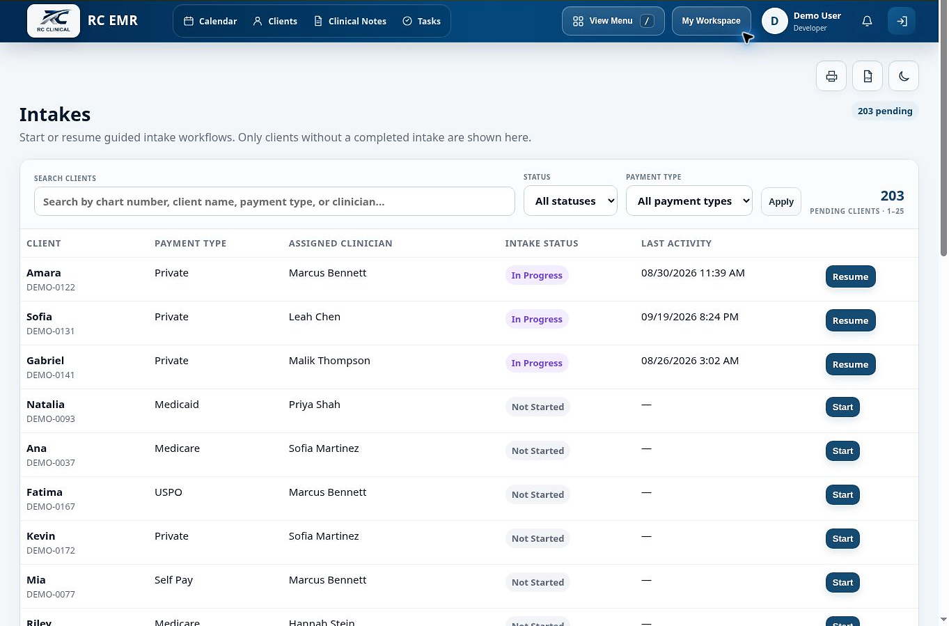 Intake workflow in RC EMR