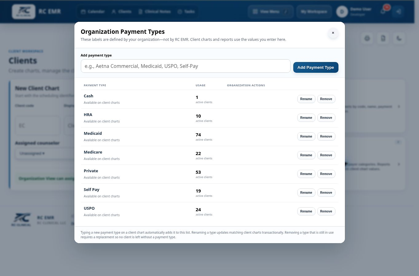 Custom payer types in RC EMR