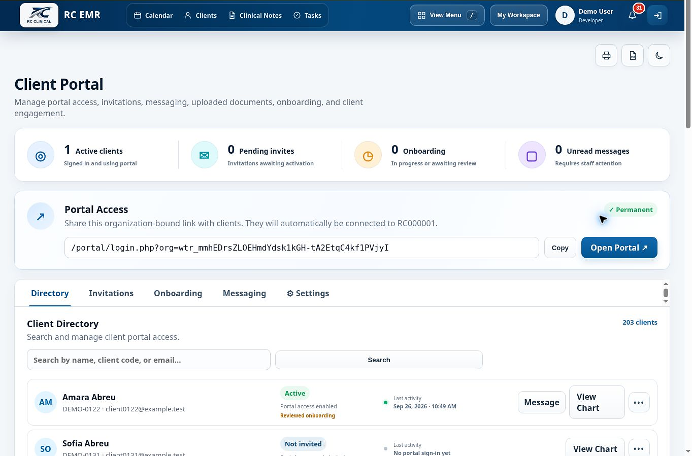 Client Portal access in RC EMR