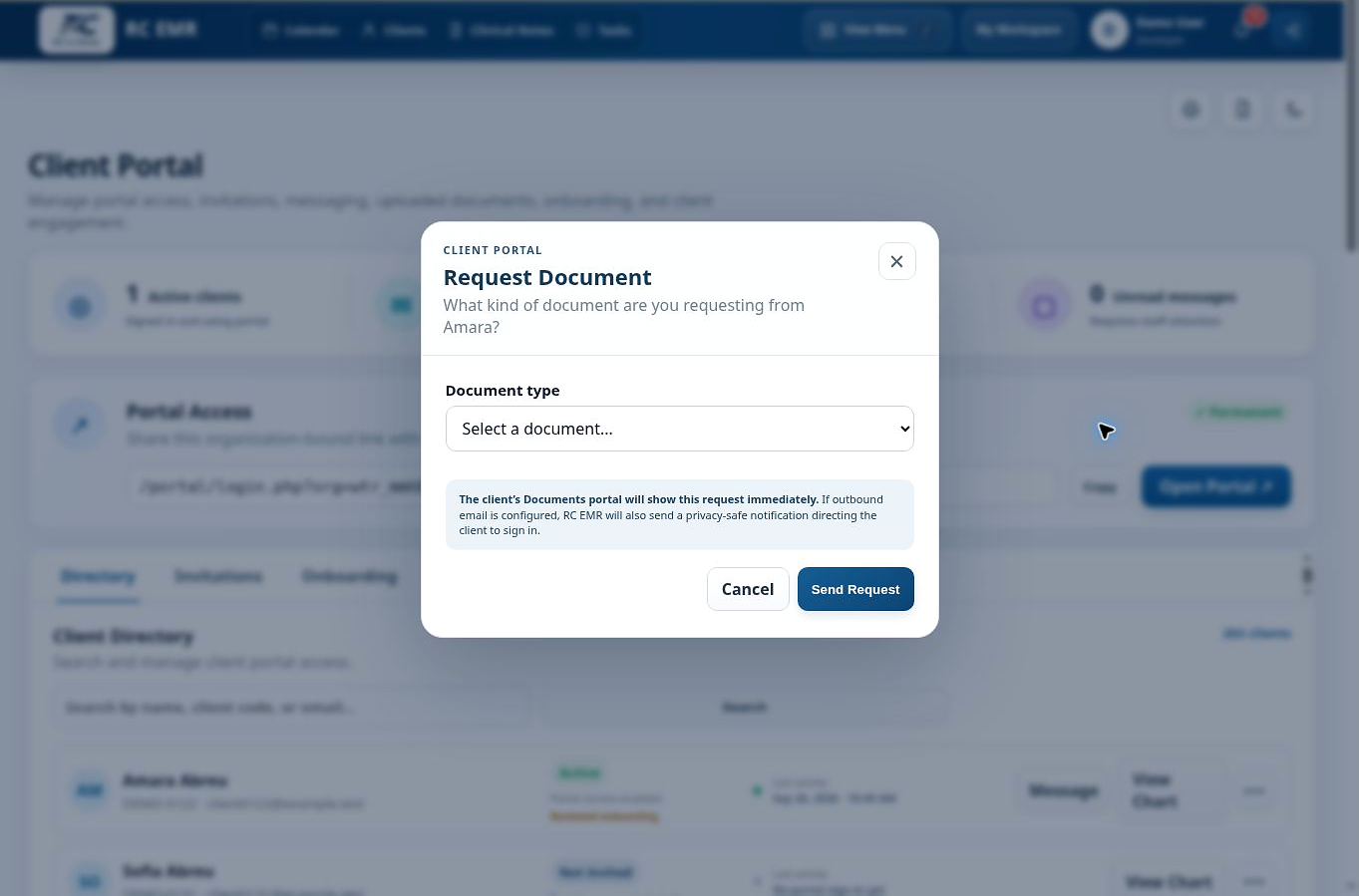 Request a document in RC EMR