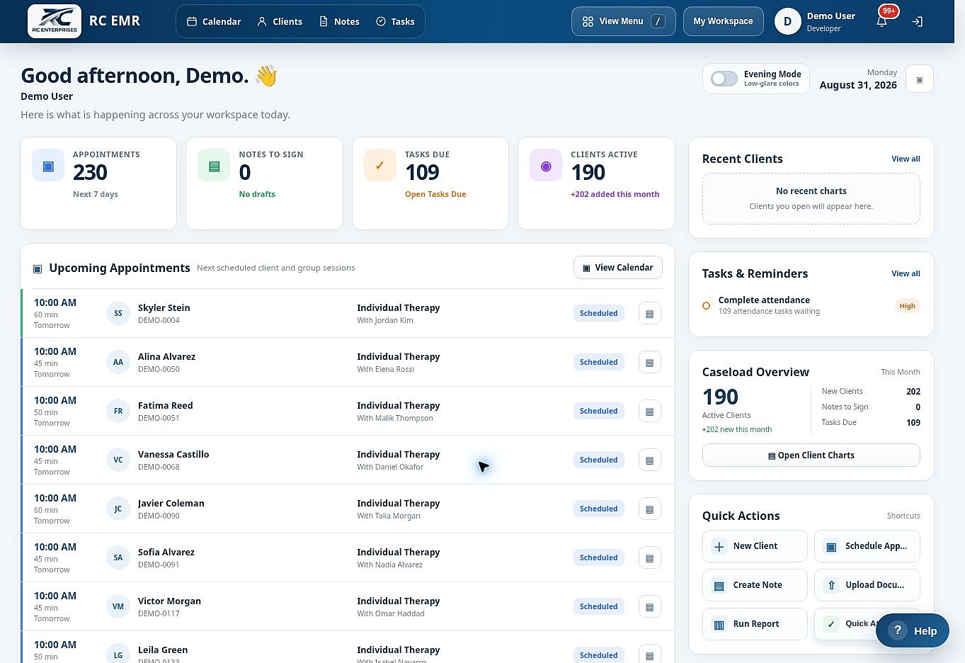 RC EMR dashboard overview