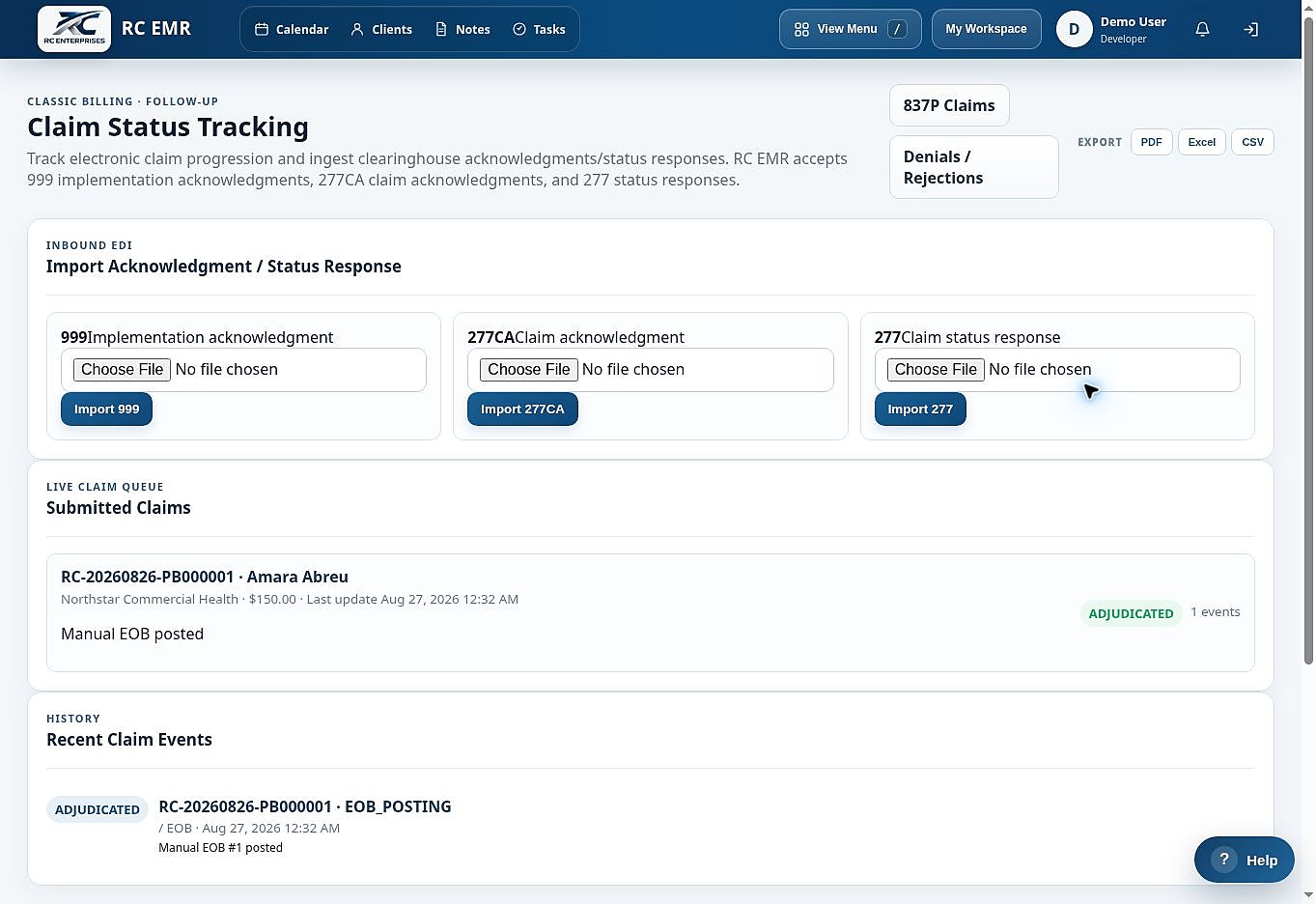 RC EMR claim status tracking